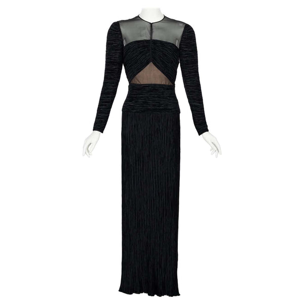 Vintage Mary McFadden Couture Black Pleated Sheer shoulder Column Gown