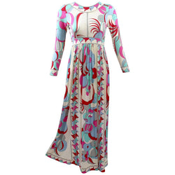 1960s Bessi Silk Jersey Multicolored Print Maxi Dress