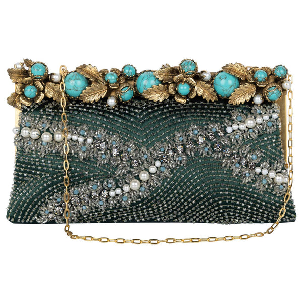 Vintage Valentino Green Satin Pearl & Turquoise Embellished Gold Leaf Bag/ Clutch