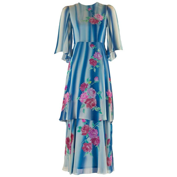 1970s Blue and White Painted Silk Chiffon Floral Layered Angel Sleeve Dress