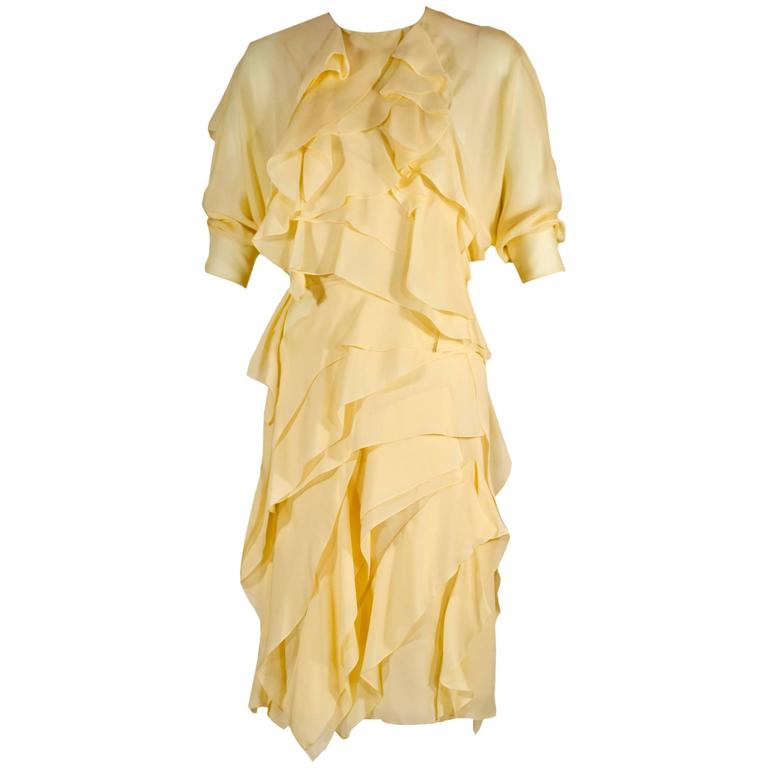 Chloé Runway Pastel Yellow Ruffled Layered Silk Chiffon Dolman Dress, Fall 2014