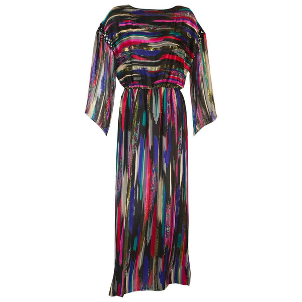 Vintage Hanae Mori Colorful Metallic Silk Chiffon Kimono Sleeve Dress with Tags