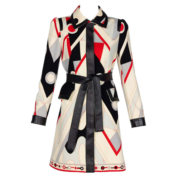 Vintage Pucci Wool Geometric Print Leather Belted Coat Dress