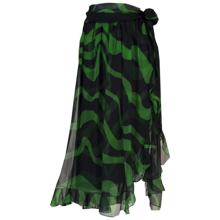 Yves Saint Laurent Black and Green Silk Chiffon Ruffle Trim Sash Skirt, 2004