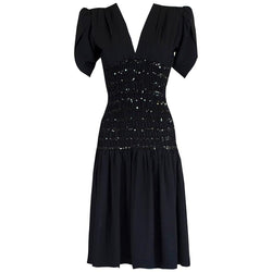 1980s Yves Saint Laurent Black Crepe and Sequin Waist Dress Documented