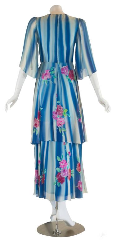 1970s Blue and White Painted Silk Chiffon Floral Layered Angel Sleeve Dress