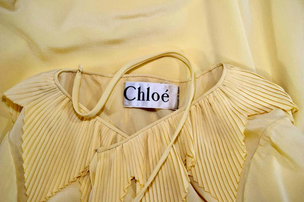 Karl Lagerfeld for Chloé Soft Yellow Silk Accordion Pleat Collar Dress, 1970s