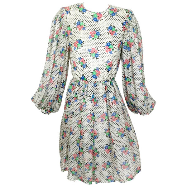 Galanos Floral Dot print Billow Sleeve Cut-Out Silk Cocktail Dress, 1970s