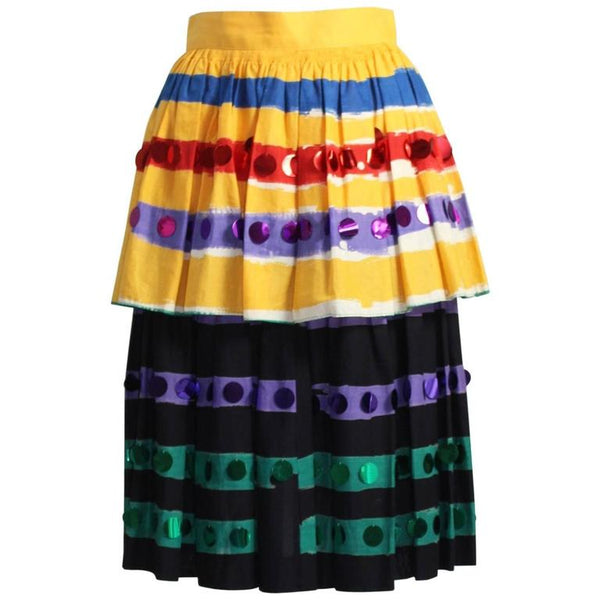 1980s Michaele Vollbrach Colorful Cotton Layered Gypsy Pheasant Skirt