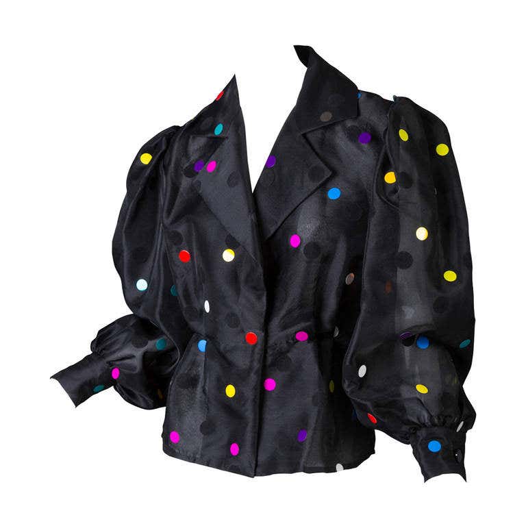 Givenchy Boutique Vintage Black Organza Colorful Paillettes Polka Dots Blouse