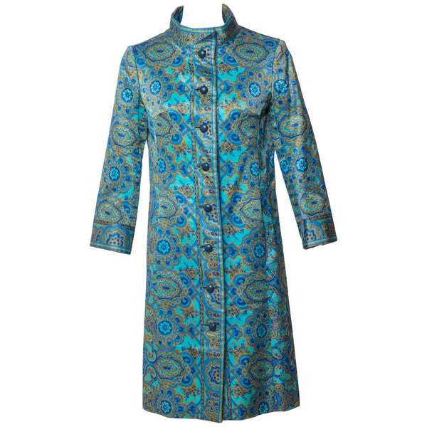 1960s Christian Dior New York Demi Couture Blue Stained Glass Silk Evening Coat