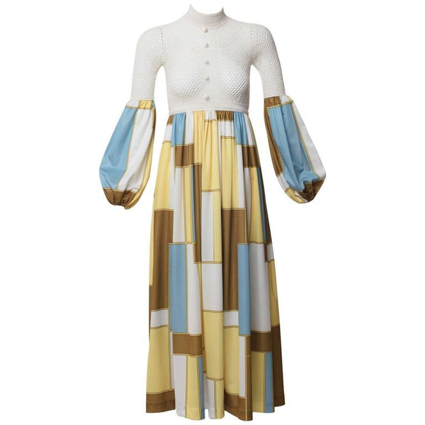 1960s Sally Levison of London Crochet Color Block Jersey Maxi Dress