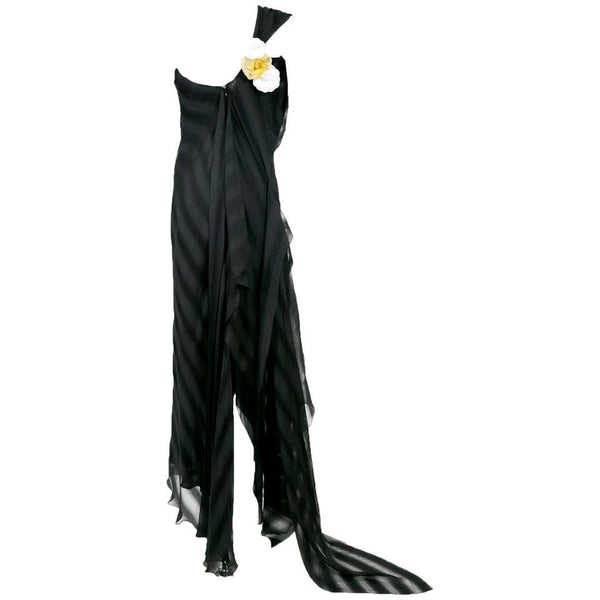 Chloé One Shoulder Black Silk Flowing Train Gown With Chanel Camellia Brooch