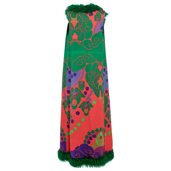 Rare 1960s Leonard Paris Printed Silk Jersey Emerald Faux Fur Duster Maxi Vest