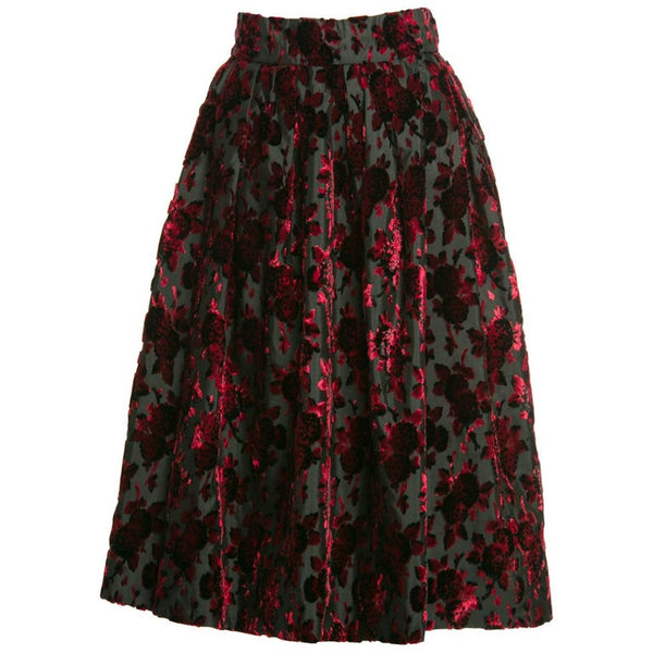 1960s Christian Dior Marc Bohan Demi Couture Red Velvet Florals Silk Skirt