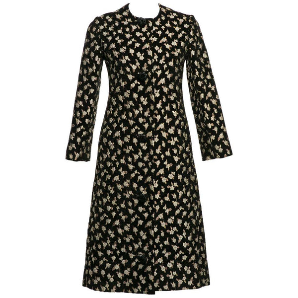 1960's Pauline Trigere Black Chenille Metallic Floral Brocade Tailored Coat