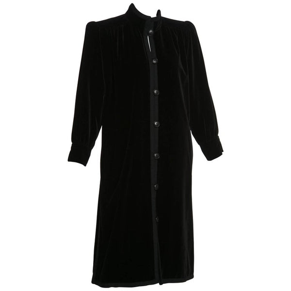 1970s Yves Saint Laurent YSL Black Velvet Passementerie Trim Button Front Coat