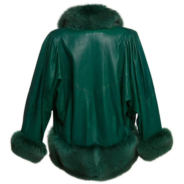 1980s Jean Claude Jitrois Jewel Green Leather Dolman Sleeve Fox Fur Trimmed Coat