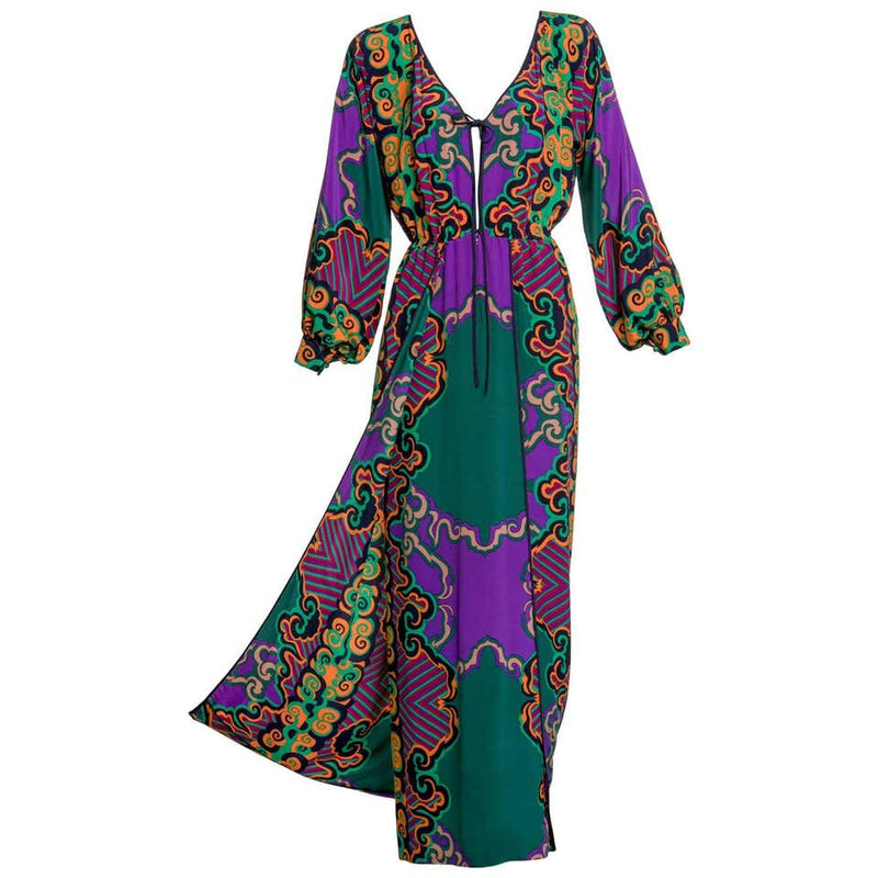 James Galanos Couture Emerald Green and Purple Silk Print Dress, 1970s