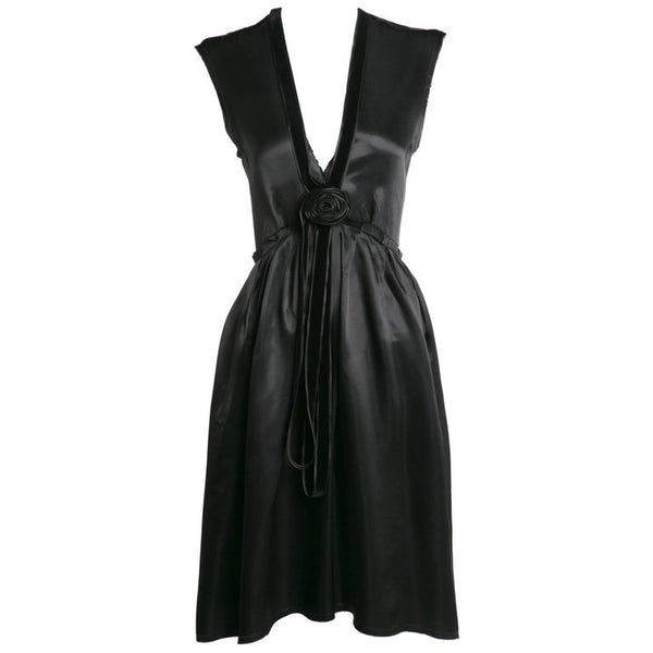 2005 Lanvin by Alber Elbaz Plunge Neck Black Satin Velvet Necklace Dress