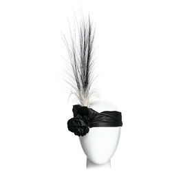 Black Satin Velvet Rose Flapper Feather Headband Headpiece by Unknown Designer