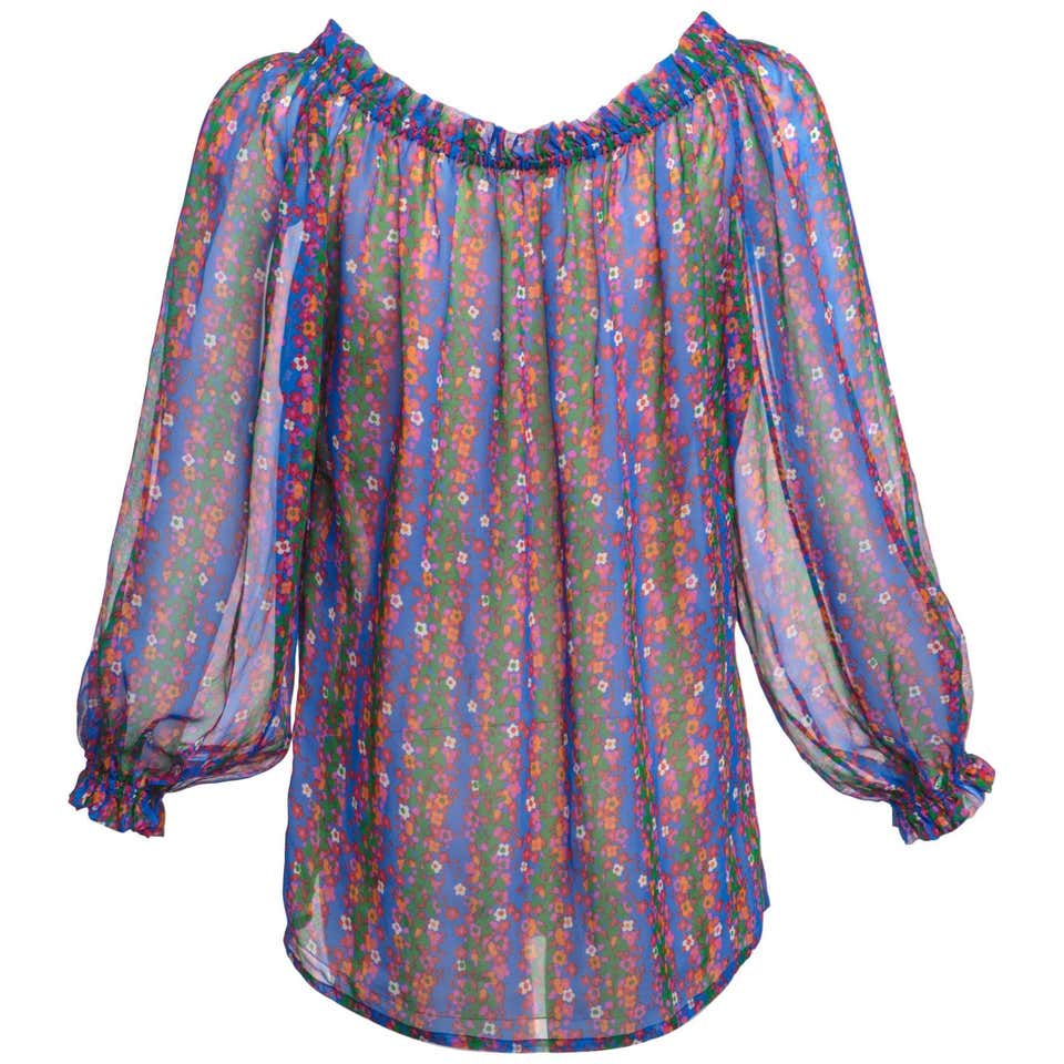 90s YSL Sheer Floral Silk Peasant Blouse - Lucky Vintage