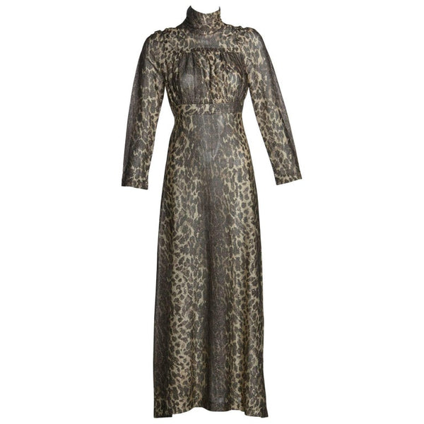 1970s Janice Wainwright Empire Waist Metallic Cheetah Print Maxi Dress