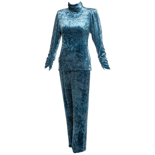 Galanos Couture Blue Velvet Evening Tunic Top Pants Suit, 1980s