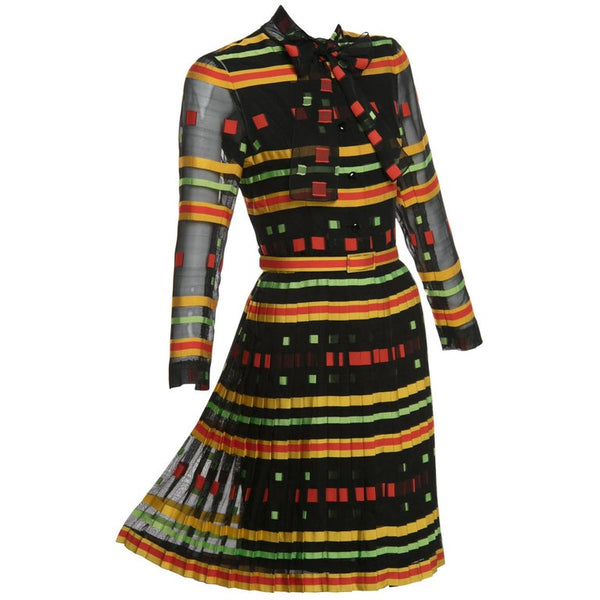 Givenchy Multicolored Striped Pleated Silk Bow Belted Dress,1970s