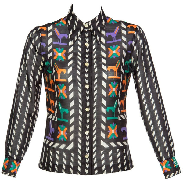 1970s Lanvin Black White Multicolored Silk Print Button Down Blouse