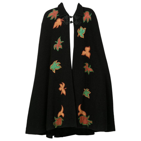 1970s Saint Laurent Rive Gauche Black Wool Falling Leaves Appliquè Cape