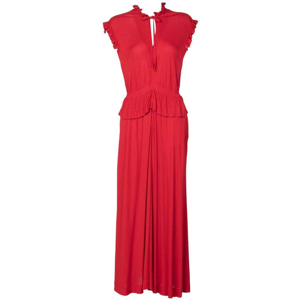 1970s Jean Muir Red Peplum Draped Jersey Dress