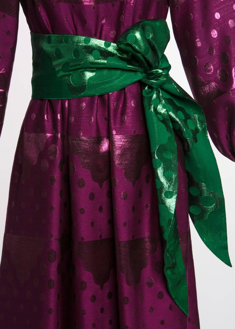 1960s Oscar de la Renta Silk Brocade Purple Emerald Metallic Belt Maxi Dress