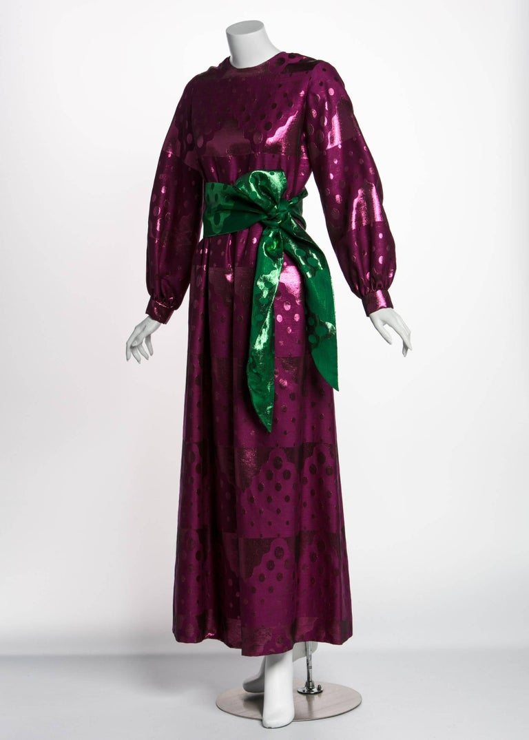 1960s Oscar de la Renta Silk Brocade Purple Emerald Metallic Belt Maxi Dress