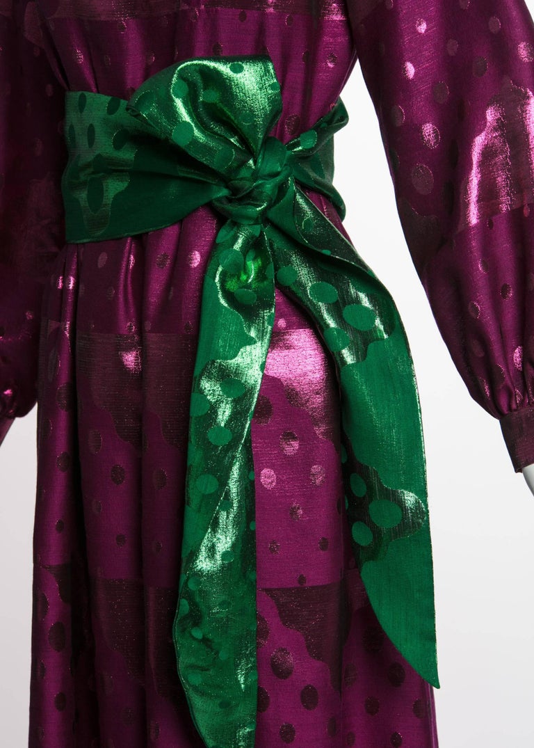 1960s Oscar de la Renta Silk Brocade Purple Emerald Metallic Belt Maxi Dress