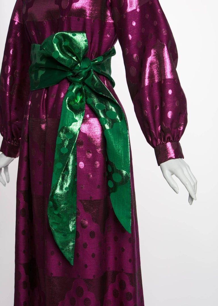 1960s Oscar de la Renta Silk Brocade Purple Emerald Metallic Belt Maxi Dress