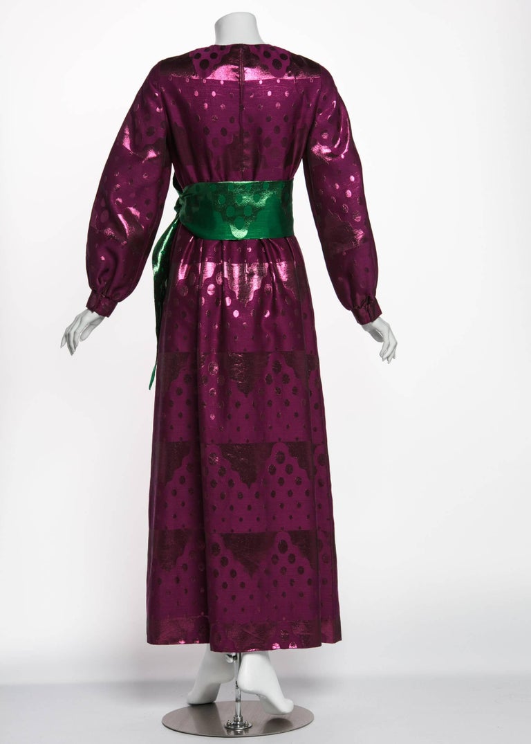 1960s Oscar de la Renta Silk Brocade Purple Emerald Metallic Belt Maxi Dress