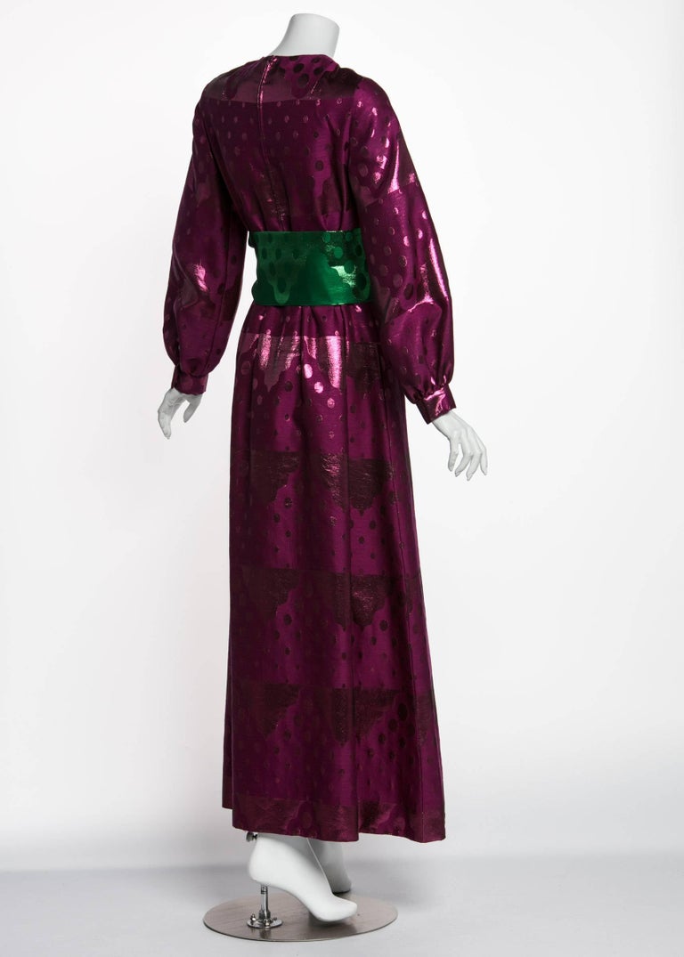 1960s Oscar de la Renta Silk Brocade Purple Emerald Metallic Belt Maxi Dress