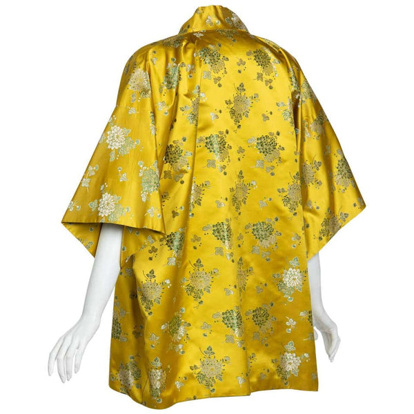 1960s Golden Yellow Silk Silver Floral Brocade Chinese Jacket