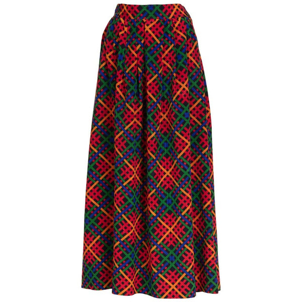 Yves Saint Laurent Red Multicolored Plaid Full Maxi Skirt YSL, 1970s