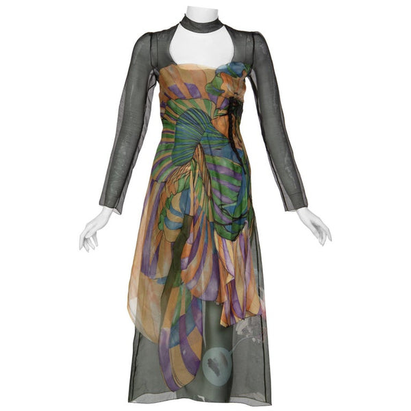 Prada James Jean Fairy Runway Black Printed Silk Dress, 2008