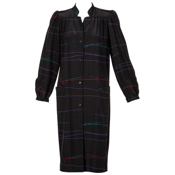 Vintage Halston Black Abstract Striped Shirt Dress Coat