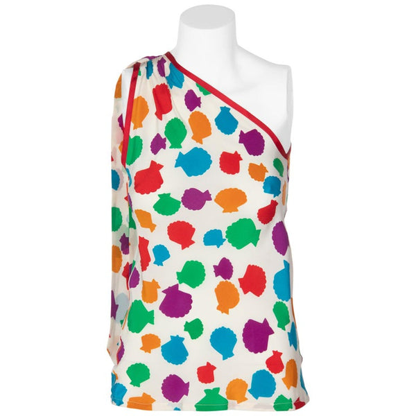 1970s Yves Saint Laurent Multicolor Sea-Shell Print Sleeveless Blouse YSL