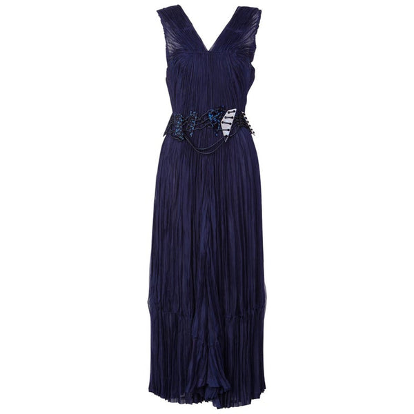 Issey Miyake Blue Pleated Maxi Evening Dress Marbled Lucite Belt