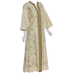 Vintage Ivory Gold Floral Embroidered Vintage Caftan Dress