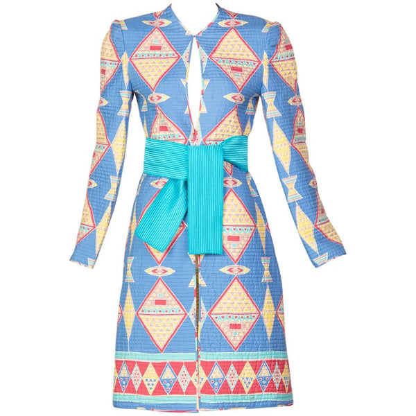 Mary McFadden Blue Silk Quilted Belted Duster Coat, 1980s