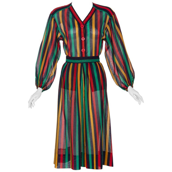 Yves Saint Laurent YSL Red Green Multicolored Striped Blouse / Skirt Set, 1990s