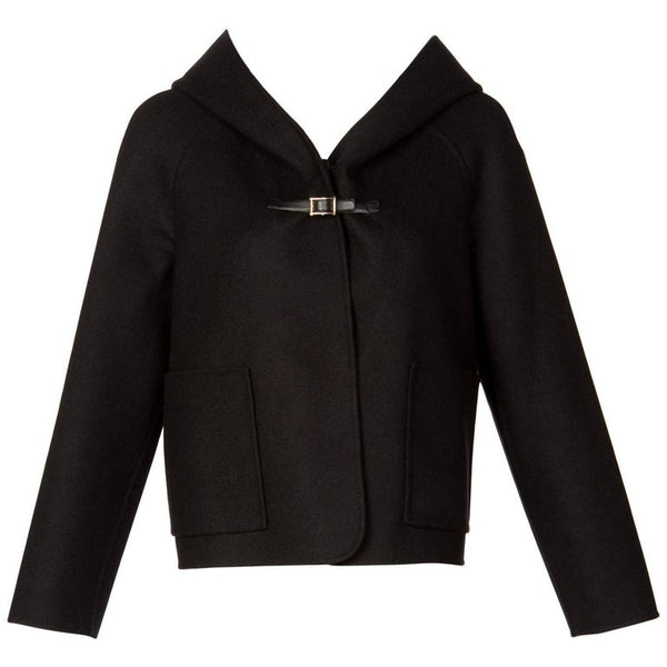 Valentino Black Wool Angora Hoodie Leather Buckle Jacket