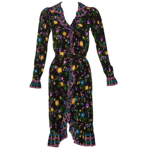 1970 Yves Saint Laurent Black Multicolored Silk Floral Peasant Dress