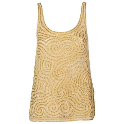 1970s Halston Beaded & Gold Pearl Organza Sleeveless Tunic Top